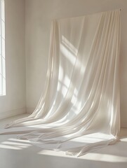 Poster - Serene studio ambiance featuring delicate fabric backdrop casting soft shadows in pristine interior setting