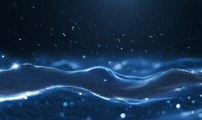 Poster - Abstract digital waves with sparkling particles in a dark blue environment.