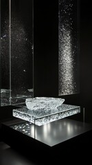Poster - Elegant clear glass block in spotlight creating depth on mirror surfaces in a reflective black setting