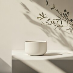Poster - Serene studio shot of a ceramic bowl with light beige wall and plant shadows for product placement