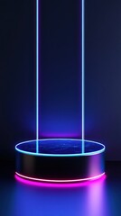 Poster - Futuristic neon stage with vibrant blue and pink light illuminating dark setting studio show presentation