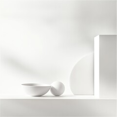 Aufkleber - minimalist still life with white geometric shapes bowl and sphere on shelf soft shadow aesthetic