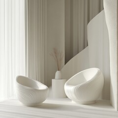 Poster - Serene modern interior ambiance with two curved white chairs set in a minimalist sunlit aesthetic space