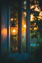 Poster - A lit lamp sits in a window, providing warm lighting