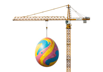 Poster - construction crane holding a huge colorful easter egg . Generative AI