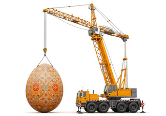Poster - construction crane holding a huge colorful easter egg . Generative AI