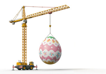 Poster - construction crane holding a huge colorful easter egg . Generative AI
