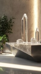 Poster - Serene composition of crystals on a gray surface with natural light and verdant plant modern indoor setting