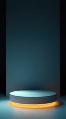 Poster - Modern cylindrical pedestal with blue wall background and warm illumination for showcase display