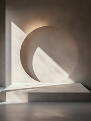 Poster - Minimalist pedestal presentation with neutral backdrop casting serene shadows and circular architectural art