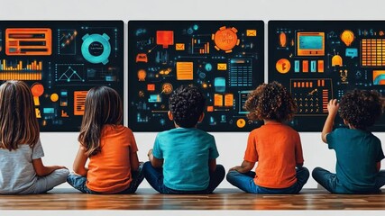 Future Visionaries: A diverse group of young children are sitting, engrossed in exploring digital displays filled with data, hinting at the next generation's embrace of technology and learning