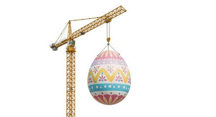 Poster - construction crane holding a huge colorful easter egg . Generative AI