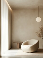 Aufkleber - Beige Interior with Minimalist Armchair Modern Table and Neutral Wall Artistic Dried Branch and Carpet