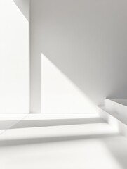 Poster - Clean minimalist interior design with bright white architecture featuring abstract shadows and sunlight reflection