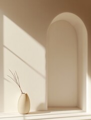 Poster - Serene Interior Still Life with Architectural Arch, Vase, and Delicate Branch Accents and Gentle Light