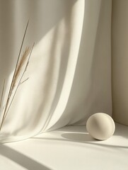 Poster - Minimalist Composition Featuring Beige Fabric, a Sphere, Dried Grass, and Play of Shadows on a Light Background