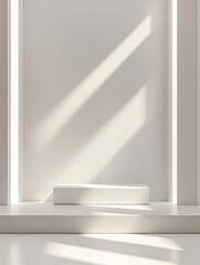 Aufkleber - clean white interior with podium for product display illuminated by sunlight and shadow creating a m