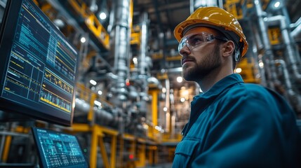 Poster - A skilled worker observes automation systems within a busy petrochemical manufacturing facility. He ensures operational efficiency and safety, surrounded by industrial equipment and piping.