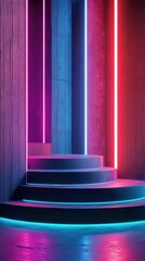 Poster - Modern futuristic illuminated platform with neon lights geometric podium product display stage background abstract and artistic style