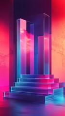 Poster - Neon Portal to Pink Skies Abstract Vertical Perspective Creative Design Gradient Lighting Structure Artistic Backdrop
