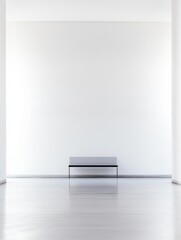 Poster - Serene minimalist room interior featuring a stylish bench against a bright white wall space clean design