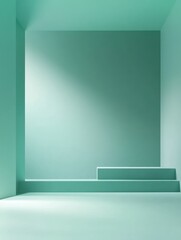 Poster - Minimalist Studio Backdrop Teal Abstract Empty Room for Product Display with Soft Lighting and a Simple Platform Design