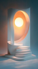 Poster - Abstract Architecture with Glowing Sphere Inside Carved Oval Shape Staircase Minimalist Design