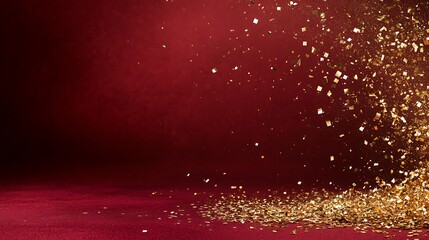 Fototapete - Glittering gold particles cascading on a deep red background.