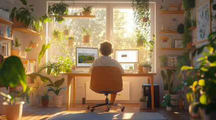 Poster - Remote Work Serenity: A sunlit workspace with lush greenery and digital screens