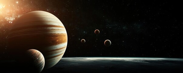 Poster - Dark sky concept. A stunning view of distant planets in a vast cosmic landscape illuminated by stars.