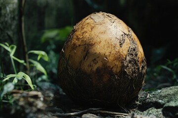 Poster - A large brown ball sits atop the forest floor, surrounded by lush foliage and natural textures