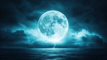 Aufkleber - Dark sky concept. A captivating full moon illuminates a stormy ocean night scene with dramatic lighting.