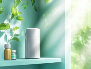Poster - A white container sits on a shelf next to a small potted plant