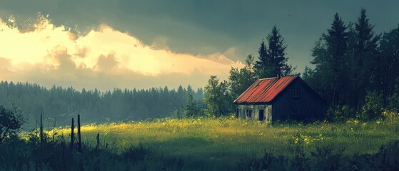 Poster - A single-story house surrounded by open fields and backed by tall trees