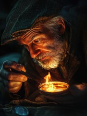 Aufkleber - A person holds a candle and lights it in a bowl, potentially for meditation or ritual use