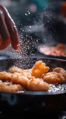 Poster - A person sprinkles sugar on food in a frying pan, ideal for culinary scenes or recipes