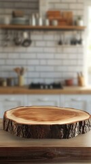 Poster - A beautifully crafted wood table top sits invitingly in a blurred kitchen background. The warm tones and natural texture suggest hominess, perfect for gatherings or meal prep