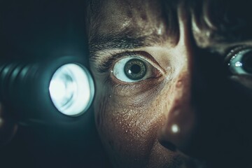 Aufkleber - Close-up shot of a person holding a flashlight in their hand, possibly used for search and rescue or outdoor activities