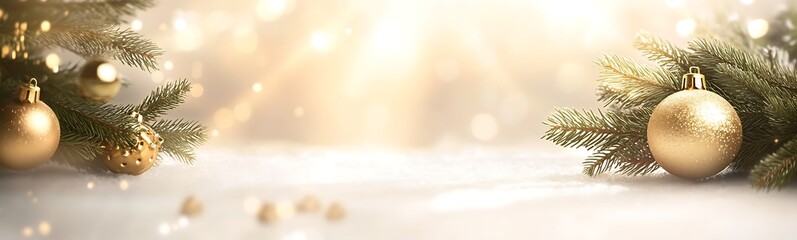 Poster - Sparkling holiday scene with golden ornaments and evergreen branches against a soft, glowing background.