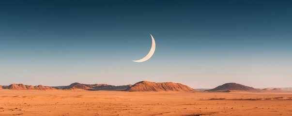 Poster - Dark sky concept. A serene desert landscape featuring a crescent moon in a clear sky.