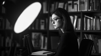 Aufkleber - Student sitting at a computer in a quiet library setting, ideal for educational or research purposes