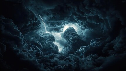 Poster - Dark sky concept. Dramatic storm clouds illuminated by flashes of lightning against a dark sky.