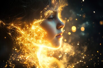 Poster - A woman stands in a dark room with her hair glowing brightly