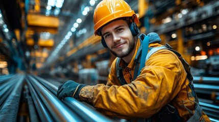 Aufkleber - A confident worker wearing a safety helmet and gloves stands next to metal rods in a busy factory.
