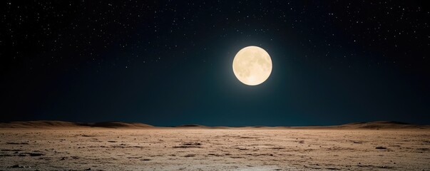 Poster - Dark sky concept. A serene lunar landscape illuminated by a bright full moon in a starry sky.