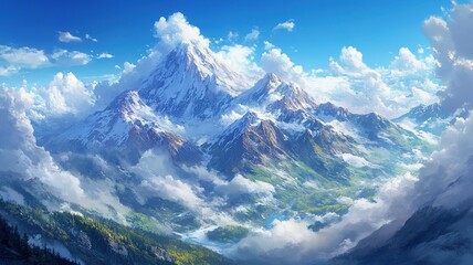 Crystal Clear Blue Sky Over Snow-Capped Mountains with Misty Cloud Sea, Lush Green Trees at the Base, Pristine Alpine Landscape, Serene Natural Beauty, High Altitude Vista, Icy Peaks, Cloud Formation,