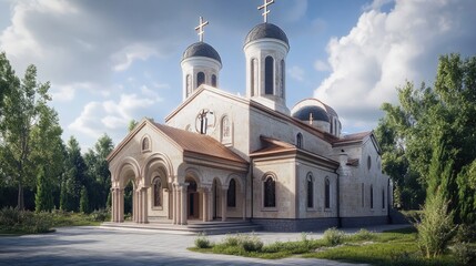 Aufkleber - A church with two tall steeples and a cross on top, ideal for religious or architectural images