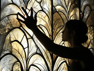 Poster - A woman stands in front of a beautiful stained glass window with vibrant colors and intricate designs