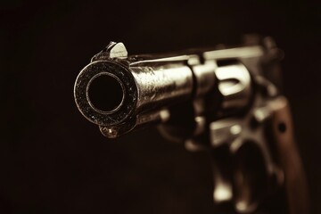 Poster - A close-up shot of a gun on a black background, ideal for use in crime or action scene illustrations