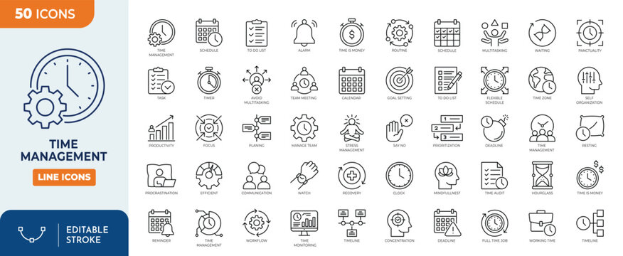 Time management line editable icon set. Containing schedule, to-do list, task, manage time, planner, calendar, delegation, reminder, timer, set priorities and more. Vector illustration